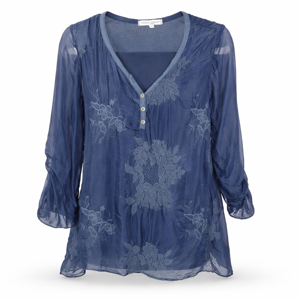 Tempo Paris Silk Blend Blue Floral Embroidered Tunic Top Small Roll Tab Sleeve